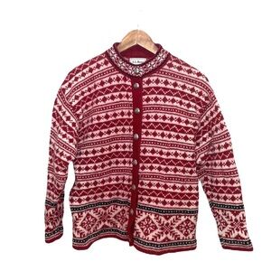 Vintage L.L. Bean Red Wool Cardigan Sweater Norwegian Christmas Fun Size Medium